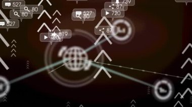 Oklar üzerinden medya simgeleriyle bağlantı ağının animasyonu. Sosyal medya ve dijital arayüz kavramı, dijital olarak oluşturulmuş video.