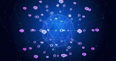 Mavi ve siyah arkaplandaki simgelerle bağlantı dünyasının animasyonu. Küresel bağlantılar, teknoloji, ai ve dijital arayüz kavramı dijital olarak oluşturulmuş video.