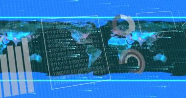 Mavi zemin üzerinde dünya haritası üzerinde veri işleme animasyonu. küresel teknoloji, bilgisayar ve dijital arayüz kavramı dijital olarak oluşturulmuş video.