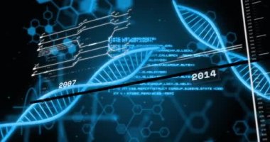 Mavi arka planda tıbbi veri işleme arayüzünün animasyonu. Tıbbi araştırma ve bilim teknolojisi kavramı