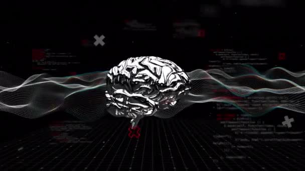 人間の脳上のデータ処理のアニメーション グローバルクラウドコンピューティング デジタルインターフェイス データ処理コンセプトデジタル生成ビデオ — ストック動画