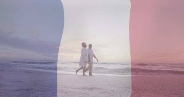 Animazione Bandiera Francia Sopra Coppia Biraciale Più Anziana Che Cammina — Video Stock