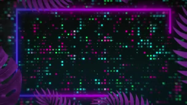 Animation Neon Leaf Pattern Glowing Spots Data Processing Global Computing — Stock Video