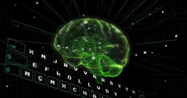 Анимация Текста Искусственного Интеллекта Обработки Данных Над Человеческим Мозгом Глобальная — стоковое видео