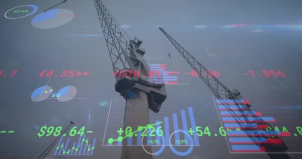 Animación Del Procesamiento Datos Financieros Sobre Grúas Astilleros Negocios Finanzas — Vídeo de stock