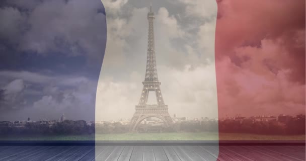 Над Ейфелевою Вежею Зображений Прапор Франції День Бастилії Національне Свято — стокове відео