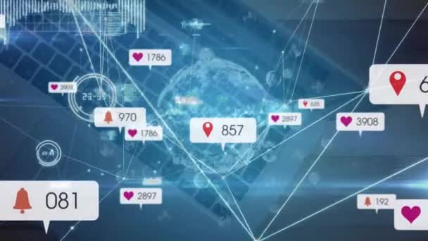 Анимация Медиаиконок Обработка Данных Ноутбуке Глобусе Концепция Социальных Сетей Цифрового — стоковое видео