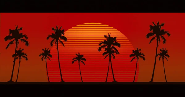 红色背景下发光的太阳和棕榈树的组成 数字接口 全球通信和数字接口概念 — 图库照片