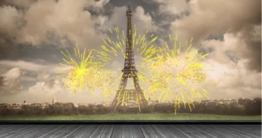 Paris 'in üzerinde nehirle birlikte sarı havai fişeklerin canlandırması. Küresel vatanseverlik, kutlama ve şehir, dijital olarak üretilen video.