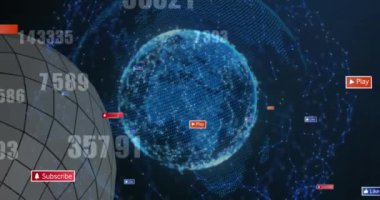 Dijital insan ve dünya üzerinde medya simgeleri ve veri işleme animasyonları. Sosyal medya ve dijital arayüz kavramı, dijital olarak oluşturulmuş video.