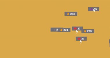 Sarı arka planda sosyal medya veri işleme animasyonu. Dijital olarak oluşturulmuş küresel sosyal medya, bağlantılar, hesaplama ve veri işleme kavramı.