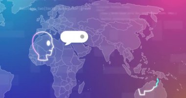 Dünya haritası üzerinde yapay zeka metninin ve veri işlemenin animasyonu. Dijital olarak oluşturulmuş küresel yapay zeka, bilgisayar ve veri işleme kavramı.