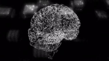 İnsan beyni üzerinde veri işleme animasyonu. Küresel bulut hesaplama, dijital arayüz ve veri işleme kavramı dijital olarak oluşturulmuş video.