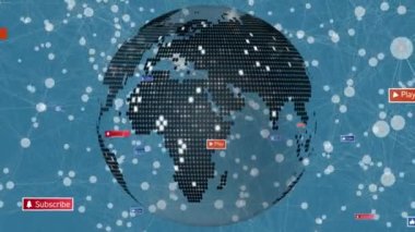 Dünya üzerindeki medya simgelerinin ve şekillerin animasyonu. Sosyal medya ve dijital arayüz kavramı, dijital olarak oluşturulmuş video.