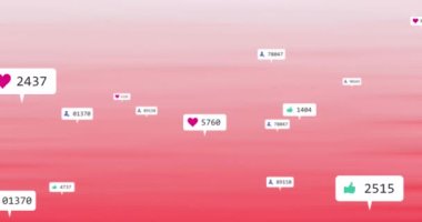 Kırmızı arkaplan üzerinde sosyal medya veri işleme animasyonu. Dijital olarak oluşturulmuş küresel sosyal medya, bağlantılar, hesaplama ve veri işleme kavramı.