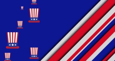 Mavi arka planda Amerikan bayrağı ve çizgili şapka animasyonu. Usa, vatanseverlik ve kutlama konsepti dijital olarak oluşturulmuş video.