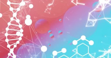 Kimyasal formülün animasyonu ve renkli arka planda köpüklerin üzerinde DNA ipliği. Bilim, tıp ve dijital arayüz kavramı dijital olarak oluşturulmuş video.