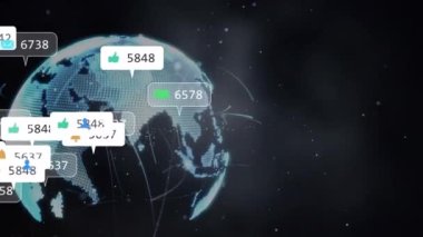 Medya simgelerinin ve dünya üzerindeki noktaların animasyonu. Sosyal medya ve dijital arayüz kavramı, dijital olarak oluşturulmuş video.