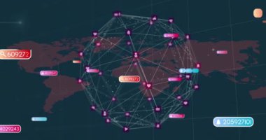 Medya simgelerinin ve dünya haritalarının animasyonu. Sosyal medya ve dijital arayüz kavramı, dijital olarak oluşturulmuş video.