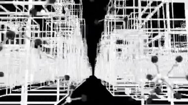 Dijital şehirde siyah arka planda moleküllerin canlandırılması. Bilim, tıp, bilgisayar ve dijital arayüz konsepti dijital olarak oluşturulmuş video.