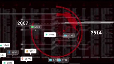 Dünya üzerinde medya simgeleri ve veri işleme animasyonları. Sosyal medya ve dijital arayüz kavramı, dijital olarak oluşturulmuş video.