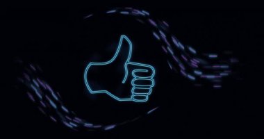 Başparmak simgesi üzerinde veri işleme animasyonu. Küresel bulut hesaplama, dijital arayüz ve veri işleme kavramı dijital olarak oluşturulmuş video.