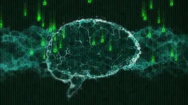 Veri işleme ve insan beyni üzerinde ikili kodlama animasyonu. Küresel bulut hesaplama, dijital arayüz ve veri işleme kavramı dijital olarak oluşturulmuş video.
