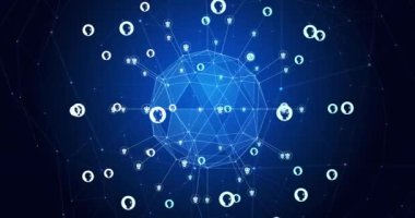 Mavi ve siyah arkaplandaki simgelerle bağlantı dünyasının animasyonu. Küresel bağlantılar, teknoloji, ai ve dijital arayüz kavramı dijital olarak oluşturulmuş video.