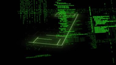 Siyahlara karşı bilgisayar dili üzerine aydınlatılmış spor mahkemesi animasyonu. Dijital olarak üretilmiş, hologram, illüstrasyon, rekabet, kodlama, spor, veritabanı ve teknoloji kavramı.