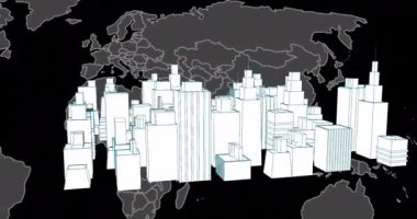 Dijital şehrin dünya haritasında siyah arka planda canlandırılması. Küresel teknoloji ve dijital arayüz konsepti dijital olarak oluşturulmuş video.