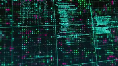 İkili kodlama ve veri işleme animasyonu. Dijital arayüz, hesaplama ve veri işleme kavramı dijital olarak oluşturuldu.