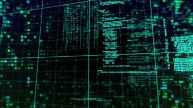 Bilgisayar veri işleme animasyonu. Dijital arayüz, hesaplama ve veri işleme kavramı dijital olarak oluşturuldu.