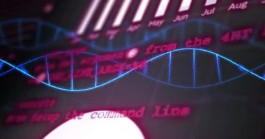 Siyah arkaplana karşı istatistiksel veri işleme üzerinde dönen DNA yapısının animasyonu. Tıbbi araştırma ve iş veri teknolojisi kavramı