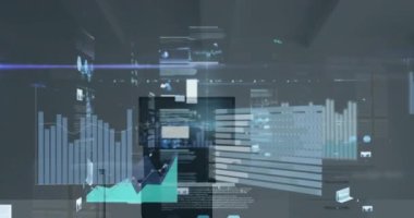 Ofis üzerinde veri işleme ve borsa animasyonu. Küresel iş ve dijital arayüz, dijital olarak oluşturulan video.