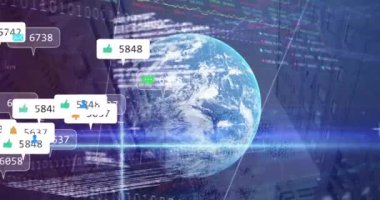 Şehir ve dünya üzerinde medya simgeleri ve veri işleme animasyonları. Sosyal medya ve dijital arayüz kavramı, dijital olarak oluşturulmuş video.