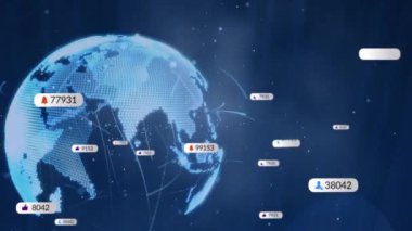 Medya simgelerinin ve dünya üzerindeki noktaların animasyonu. Sosyal medya ve dijital arayüz kavramı, dijital olarak oluşturulmuş video.