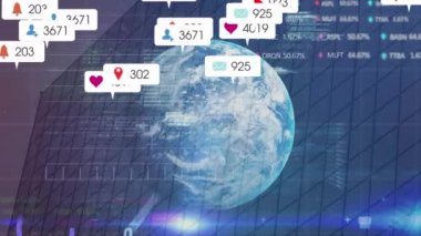 Dünya üzerinde sosyal medya veri işleme animasyonu. Dijital olarak oluşturulmuş küresel sosyal medya, bağlantılar, hesaplama ve veri işleme kavramı.