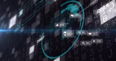 Dünya üzerinde medya simgeleri ve veri işleme animasyonları. Sosyal medya ve dijital arayüz kavramı, dijital olarak oluşturulmuş video.