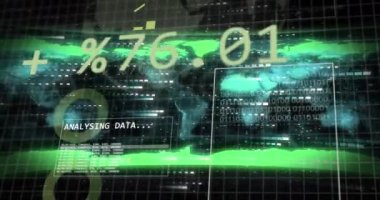 Dünya haritasında kara zemin üzerinde veri işleme animasyonu. Küresel teknoloji, bilgisayar ve dijital arayüz kavramı dijital olarak oluşturulmuş video.