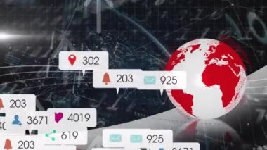 Dünya üzerinde medya simgeleri ve veri işleme animasyonları. Sosyal medya ve dijital arayüz kavramı, dijital olarak oluşturulmuş video.