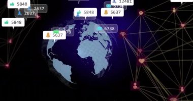 Medya simgelerinin ve dünya üzerindeki bağlantı ağının animasyonu. Sosyal medya ve dijital arayüz kavramı, dijital olarak oluşturulmuş video.