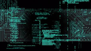 Bilgisayar devre kartı ve veri işleme animasyonu. Dijital olarak oluşturulmuş küresel bilgisayar ve veri işleme kavramı.