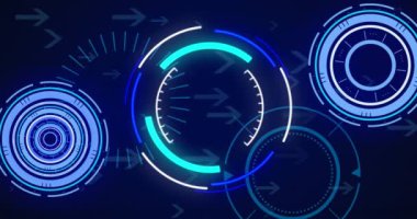 Mavi arkaplan üzerinde hareket eden çoklu neon yuvarlak tarayıcı ve ok simgelerinin animasyonu. Bilgisayar arayüzü ve iş teknolojisi kavramı