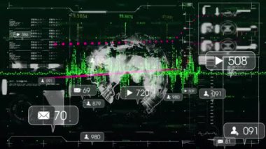 Dünya üzerinde medya simgeleri ve veri işleme animasyonları. Sosyal medya ve dijital arayüz kavramı, dijital olarak oluşturulmuş video.