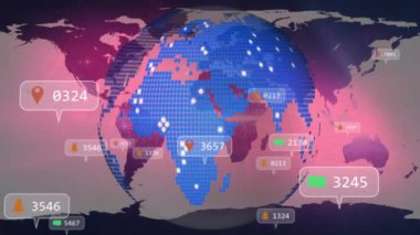 Medya simgelerinin ve dünya haritalarının animasyonu. Sosyal medya ve dijital arayüz kavramı, dijital olarak oluşturulmuş video.