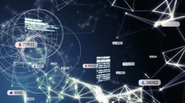Medya simgelerinin animasyonu ve çemberler üzerinden bağlantı ağı. Sosyal medya ve dijital arayüz kavramı, dijital olarak oluşturulmuş video.