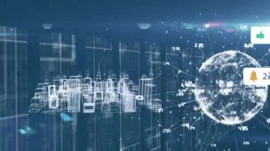 Dünya üzerinde medya simgeleri ve veri işleme animasyonları. Sosyal medya ve dijital arayüz kavramı, dijital olarak oluşturulmuş video.