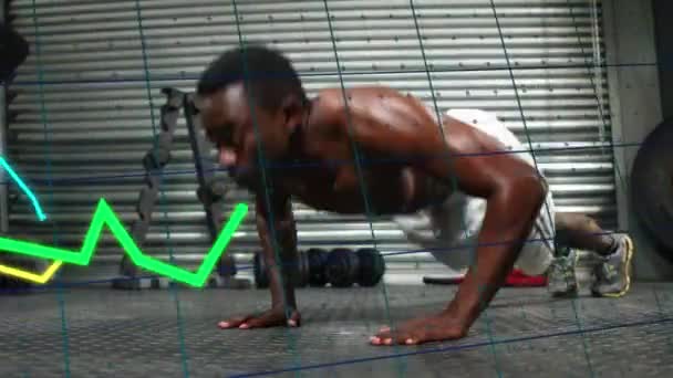 Animação Gráficos Movendo Sobre Homem Apto Afro Americano Realizando Exercício — Vídeo de Stock