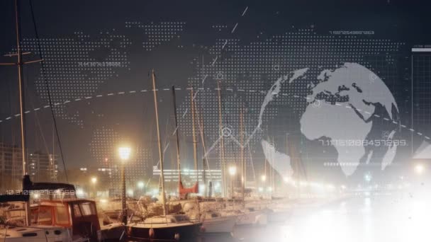 Анимация Обработки Финансовых Данных Глобуса Над Яхтами Порту Бизнес Финансы — стоковое видео