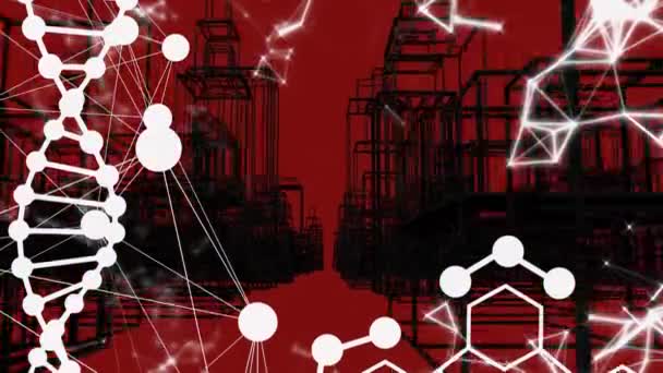 化学式とDna鎖のアニメーションは 赤の背景にデジタル都市にわたって デジタルインターフェースの概念デジタル生成されたビデオ — ストック動画